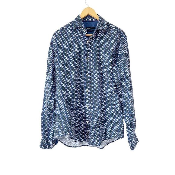 Bugatchi Navy Surfboard Pattern Linen Long Sleeve Button Down Shirt‎ - Picture 1 of 7